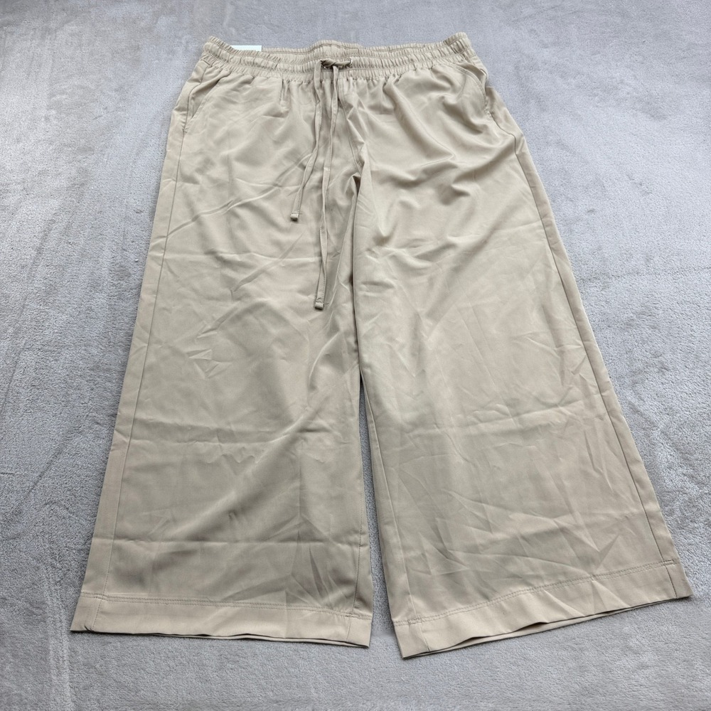Palm Rio Wide Leg Pants Women's L Beige Drawstring Elastic Waist Pockets Chic
